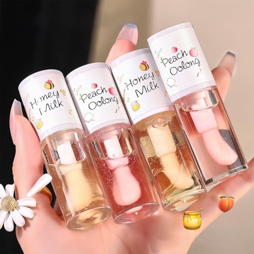 Pakivs 4Pcs Hydrating Clear Lip Oil Set,Big Brush Lip Gloss Oil Jelly Honey Lip Gloss Lang Anhaltender Feuchtigkeitsspendender Lippenbalsam Aufpolsternder Lipgloss von Pakivs