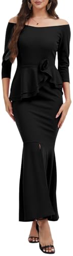 PaladMom Damen Casual Formal Maxikleider Elegant Rundhals Kurzarm Ballkleid Abend Party Kleid mit Taschen, 5539 Schwarz, Mittel von PaladMom