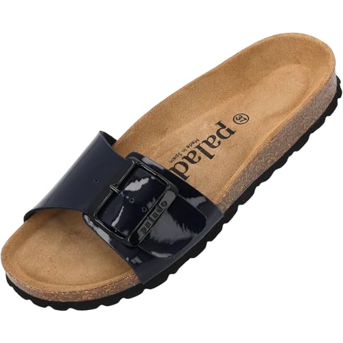 Damen Pantoletten Malta EGS Lack - Sandalen mit verstellbaren Riemen - Hausschuhe - Natur Kork-Fussbett - extra bequem mit Sohle aus Velourleder Dunkelblau UK4,5 - EU37 von Palado