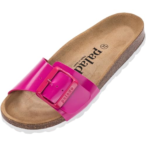 Palado Damen Pantoletten Malta EGS Lack - extra bequeme - Made in EU - Sandalen mit Natur Kork-Fussbett - mit Sohle aus feinstem natur Leder Fuchsia UK7 - EU40 von Palado