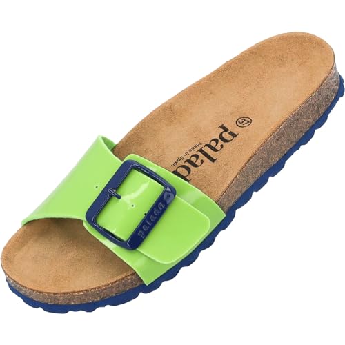 Damen Pantoletten Malta EGS Lack - Sandalen mit verstellbaren Riemen - Hausschuhe - Natur Kork-Fussbett - extra bequem mit Sohle aus Velourleder Hellgrün/Blau UK4,5 - EU37 von Palado