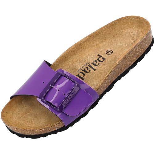 Damen Pantoletten Malta EGS Lack - Sandalen mit verstellbaren Riemen - Hausschuhe - Natur Kork-Fussbett - extra bequem mit Sohle aus Velourleder Lila UK4,5 - EU37 von Palado