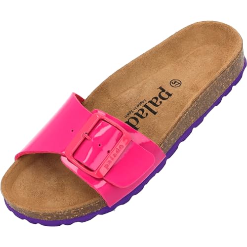 Damen Pantoletten Malta EGS Lack - Sandalen mit verstellbaren Riemen - Hausschuhe - Natur Kork-Fussbett - extra bequem mit Sohle aus Velourleder Pink/Lila UK5,5 - EU38 von Palado