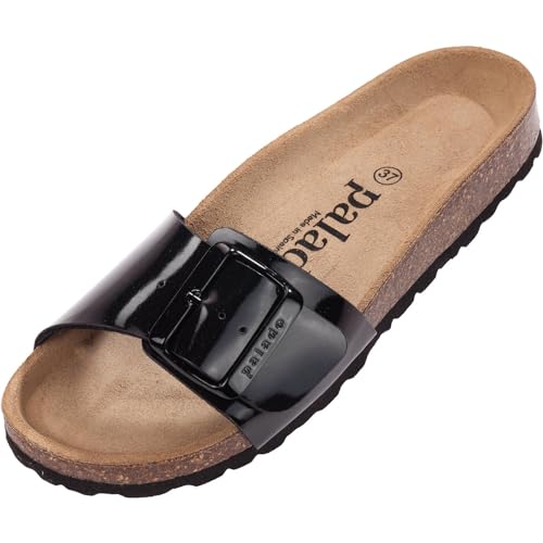 Damen Pantoletten Malta EGS Lack - Sandalen mit verstellbaren Riemen - Hausschuhe - Natur Kork-Fussbett - extra bequem mit Sohle aus Velourleder Schwarz UK9,5 - EU43 von Palado