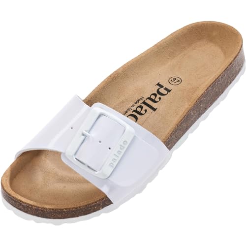 Damen Pantoletten Malta EGS Lack - Sandalen mit verstellbaren Riemen - Hausschuhe - Natur Kork-Fussbett - extra bequem mit Sohle aus Velourleder Weiß UK4,5 - EU37 von Palado