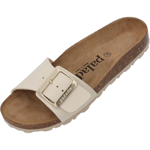 Damen Pantoletten Malta EGS Matt - Sandalen mit verstellbaren Riemen - Hausschuhe - Natur Kork-Fussbett - extra bequem mit Sohle aus Velourleder Beige UK3,5 - EU36 von Palado