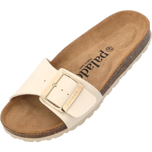 Damen Pantoletten Malta EGS Matt - Sandalen mit verstellbaren Riemen - Hausschuhe - Natur Kork-Fussbett - extra bequem mit Sohle aus Velourleder Beige UK4,5 - EU37 von Palado