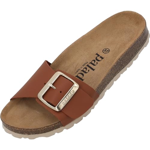 Damen Pantoletten Malta EGS Matt - Sandalen mit verstellbaren Riemen - Hausschuhe - Natur Kork-Fussbett - extra bequem mit Sohle aus Velourleder Braun UK4,5 - EU37 von Palado