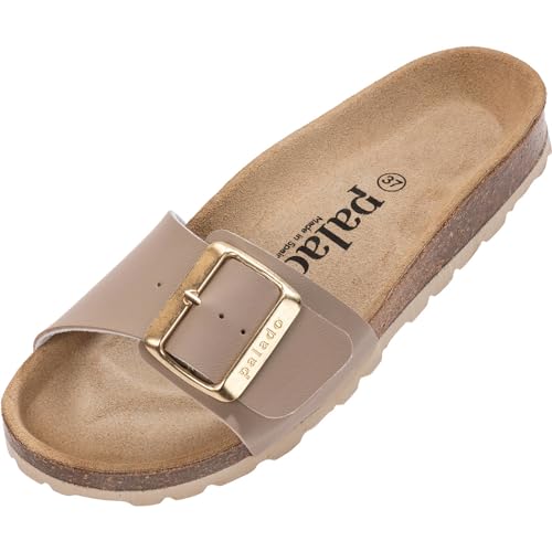 Damen Pantoletten Malta EGS Matt - Sandalen mit verstellbaren Riemen - Hausschuhe - Natur Kork-Fussbett - extra bequem mit Sohle aus Velourleder Dunkelbeige UK3,5 - EU36 von Palado