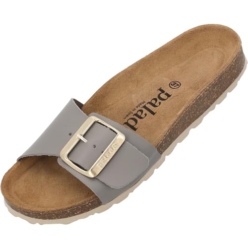 Damen Pantoletten Malta EGS Matt - Sandalen mit verstellbaren Riemen - Hausschuhe - Natur Kork-Fussbett - extra bequem mit Sohle aus Velourleder Grau UK4,5 - EU37 von Palado