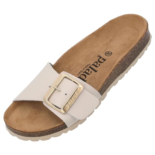 Damen Pantoletten Malta EGS Matt - Sandalen mit verstellbaren Riemen - Hausschuhe - Natur Kork-Fussbett - extra bequem mit Sohle aus Velourleder Hellbeige UK3,5 - EU36 von Palado