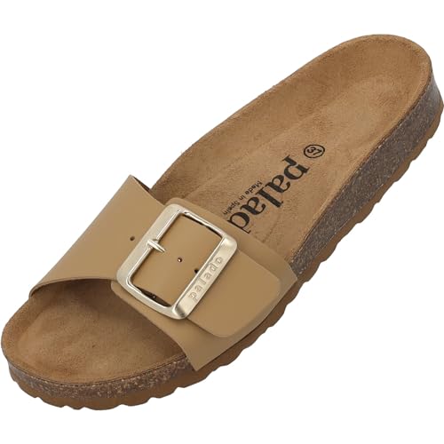 Damen Pantoletten Malta EGS Matt - Sandalen mit verstellbaren Riemen - Hausschuhe - Natur Kork-Fussbett - extra bequem mit Sohle aus Velourleder Hellbraun UK5,5 - EU38 von Palado