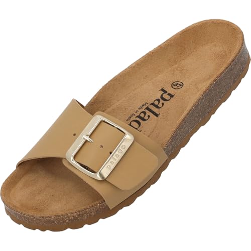 Palado Pantoletten Damen Malta EGS Matt Premium Leather - elegante Sandalen Made in Spain - bequeme Hausschuhe mit Kork-Fußbett - modische Sommerschuhe Hellbraun UK7 - EU40 von Palado