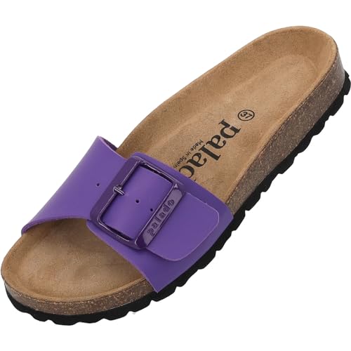 Damen Pantoletten Malta EGS Matt - Sandalen mit verstellbaren Riemen - Hausschuhe - Natur Kork-Fussbett - extra bequem mit Sohle aus Velourleder Lila UK6 - EU39 von Palado