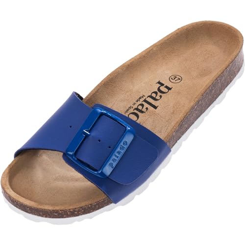 Damen Pantoletten Malta EGS Matt - Sandalen mit verstellbaren Riemen - Hausschuhe - Natur Kork-Fussbett - extra bequem mit Sohle aus Velourleder Marineblau UK7 - EU40 von Palado