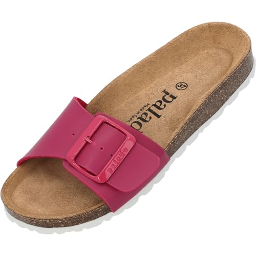 Damen Pantoletten Malta EGS Matt - Sandalen mit verstellbaren Riemen - Hausschuhe - Natur Kork-Fussbett - extra bequem mit Sohle aus Velourleder Pink UK3,5 - EU36 von Palado