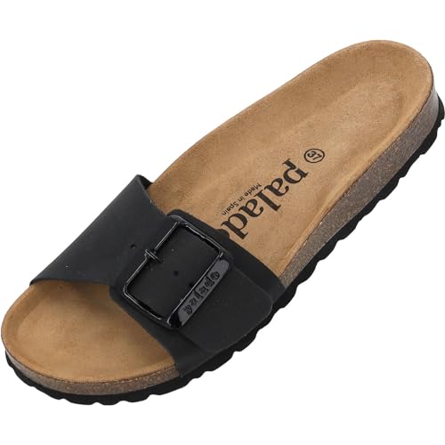 Damen Pantoletten Malta EGS Matt - Sandalen mit verstellbaren Riemen - Hausschuhe - Natur Kork-Fussbett - extra bequem mit Sohle aus Velourleder Schwarz UK5,5 - EU38 von Palado