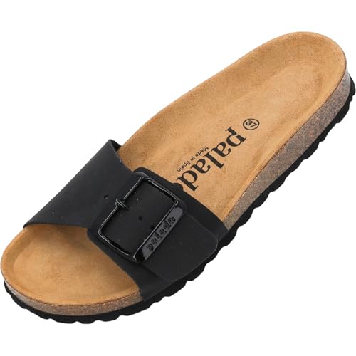 Damen Pantoletten Malta EGS Matt - Sandalen mit verstellbaren Riemen - Hausschuhe - Natur Kork-Fussbett - extra bequem mit Sohle aus Velourleder Schwarz UK8 - EU41 von Palado