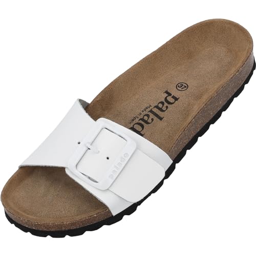 Damen Pantoletten Malta EGS Matt - Sandalen mit verstellbaren Riemen - Hausschuhe - Natur Kork-Fussbett - extra bequem mit Sohle aus Velourleder Weiß/Schwarz UK6 - EU39 von Palado