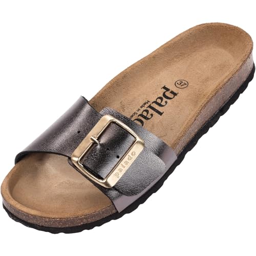 Palado Damen Pantoletten Malta EGS Metallic - extra bequeme - Made in Spanien - Sandalen mit Natur Kork-Fussbett - mit Sohle aus feinstem Echt Leder Anthrazit UK5,5 - EU38 von Palado