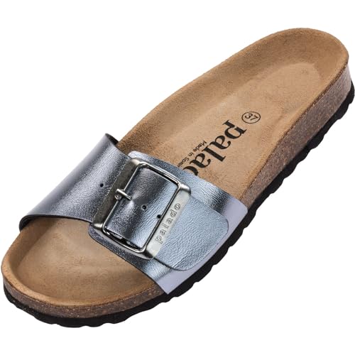 Damen Pantoletten Malta EGS Metallic - Sandalen mit verstellbaren Riemen - Hausschuhe - Natur Kork-Fussbett - extra bequem mit Sohle aus Velourleder Grau UK5,5 - EU38 von Palado