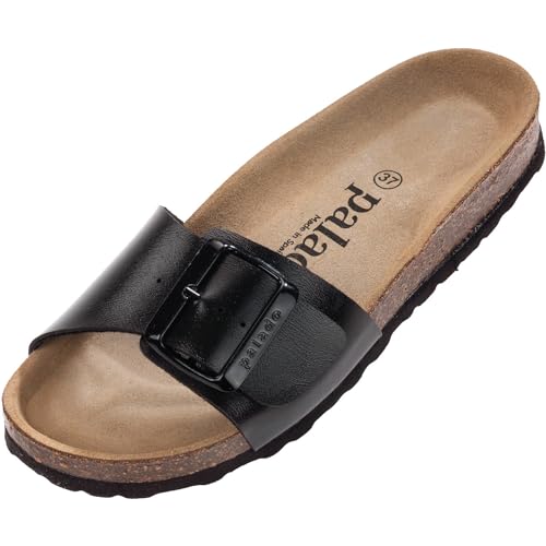 Palado Damen Pantoletten Malta EGS Metallic - extra bequeme - Made in Spanien - Sandalen mit Natur Kork-Fussbett - mit Sohle aus feinstem Echt Leder Schwarz UK9,5 - EU43 von Palado