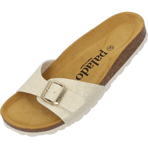 Damen Pantoletten Malta Orion - Sandalen mit verstellbaren Riemen - Hausschuhe mit Natur Kork-Fussbett - Bequeme Schuhe mit Sohle aus feinstem Velourleder Beige UK6 - EU39 von Palado