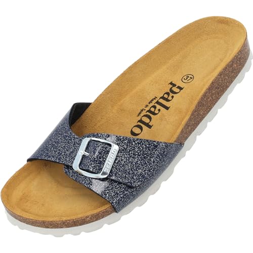 Damen Pantoletten Malta Orion - Sandalen mit verstellbaren Riemen - Hausschuhe mit Natur Kork-Fussbett - Bequeme Schuhe mit Sohle aus feinstem Velourleder Blau UK3,5 - EU36 von Palado