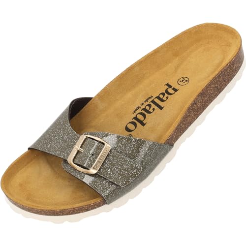 Damen Pantoletten Malta Orion - Sandalen mit verstellbaren Riemen - Hausschuhe mit Natur Kork-Fussbett - Bequeme Schuhe mit Sohle aus feinstem Velourleder Khaki UK5,5 - EU38 von Palado