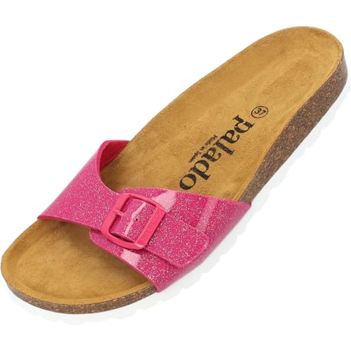 Damen Pantoletten Malta Orion - Sandalen mit verstellbaren Riemen - Hausschuhe mit Natur Kork-Fussbett - bequeme Schuhe mit Sohle aus feinstem Velourleder Pink UK3,5 - EU36 von Palado