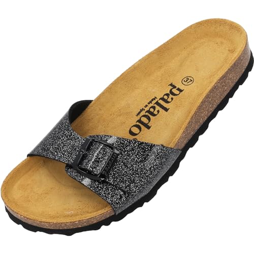 Damen Pantoletten Malta Orion - Sandalen mit verstellbaren Riemen - Hausschuhe mit Natur Kork-Fussbett - bequeme Schuhe mit Sohle aus feinstem Velourleder Schwarz UK5,5 - EU38 von Palado