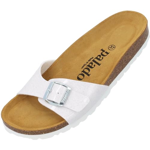 Damen Pantoletten Malta Orion - Sandalen mit verstellbaren Riemen - Hausschuhe mit Natur Kork-Fussbett - bequeme Schuhe mit Sohle aus feinstem Velourleder Weiß UK4,5 - EU37 von Palado
