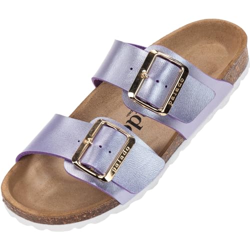 Damen Pantoletten SAMOS EGS Matt - Sandalen mit verstellbaren Riemen - Hausschuhe - Natur Kork-Fussbett - extra bequem mit Sohle aus Velourleder Flieder Metallic UK4,5 - EU37 von Palado