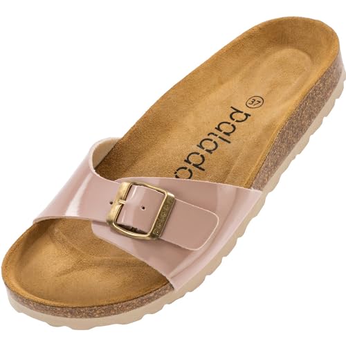 Palado Damen Pantoletten Malta - elegante Sandalen mit verstellbarem Riemen - Hausschuhe für Frauen mit Kork-Fussbett - Sandaletten mit Natur Leder-Laufsohle Lack Creme Rosa 39 EU von Palado