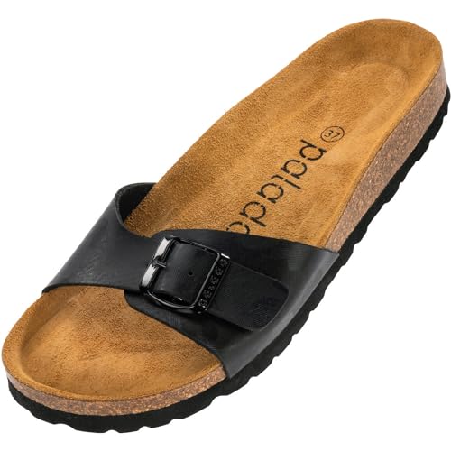 Palado Damen Pantoletten Malta - extra bequeme Sandalen - modische Hausschuhe mit Natur Kork - Made in EU - Sandaletten mit Sohle aus feinstem natur Leder Metallic Caro Schwarz 40 EU von Palado