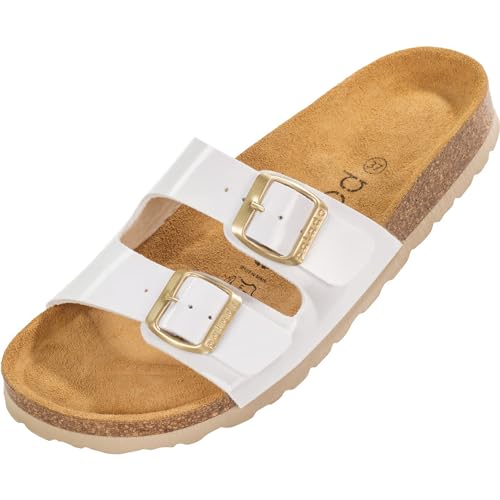 Palado Damen Pantoletten Milos Lack- Sandalen mit Riemen - Hausschuhe mit Natur Kork-Fussbett - Bequeme Schuhe mit Sohle aus feinstem Velourleder Lack Weiß UK8 - EU41 von Palado