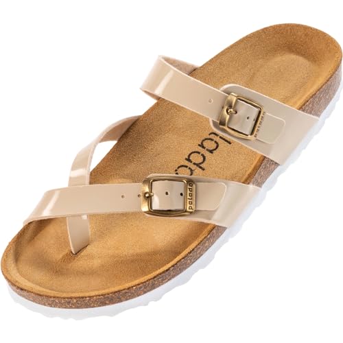 Palado Damen Pantoletten Cres Lack - Sandalen mit Riemen - extra bequeme Sandalen - Hausschuhe mit Natur Kork - Made in EU - mit Sohle aus natur Leder Cream UK3,5 - EU36 von Palado