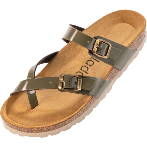 Palado Damen Pantoletten Cres Lack - Sandalen mit Riemen - Hausschuhe mit Natur Kork-Fussbett - bequeme Schuhe mit Sohle aus feinstem Velourleder Olive UK4,5 - EU37 von Palado