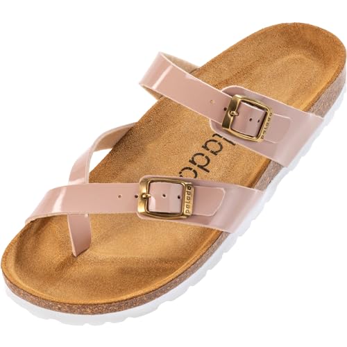 Palado Damen Pantoletten CRES Lack - Sandalen mit Riemen - Hausschuhe mit Natur Kork-Fussbett - Bequeme Schuhe mit Sohle aus feinstem Velourleder Rosa UK5,5 - EU38 von Palado