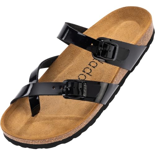 Palado Damen Pantoletten Cres Lack - Sandalen mit Riemen - Hausschuhe mit Natur Kork-Fussbett - bequeme Schuhe mit Sohle aus feinstem Velourleder Schwarz UK3,5 - EU36 von Palado