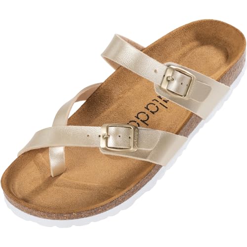 Palado Damen Pantoletten Cres Metallic - Sandalen mit Riemen - Hausschuhe mit Natur Kork-Fussbett - Schuhe mit Sohle aus feinstem Velourleder Gold UK4,5 - EU37 von Palado