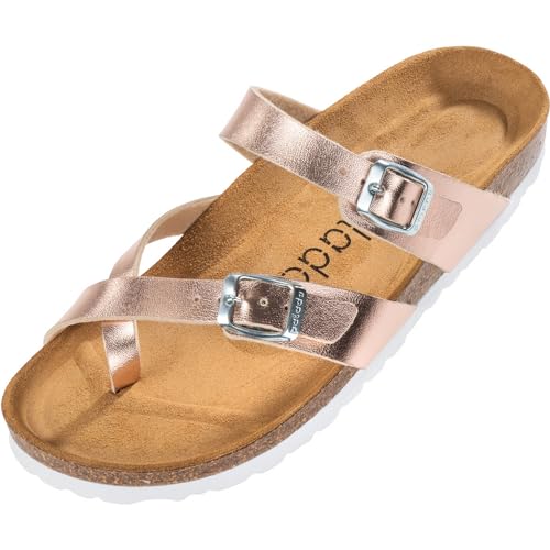 Palado Damen Pantoletten Cres Metallic - Sandalen mit Riemen - Hausschuhe mit Natur Kork-Fussbett - Schuhe mit Sohle aus feinstem Velourleder Rose/Silber UK3,5 - EU36 von Palado