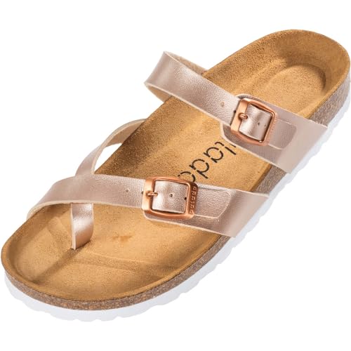 Palado Damen Pantoletten Cres Metallic - extra bequeme Sandalen - Hausschuhe mit Natur Kork - Made in EU - mit Sohle aus natur Leder Rose UK3,5 - EU36 von Palado