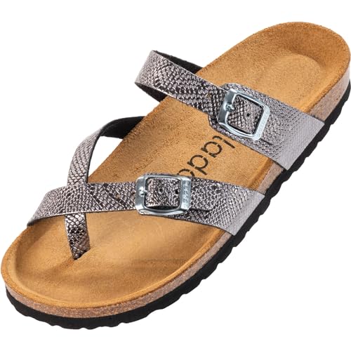 Palado Damen Pantoletten Cres Metallic - Sandalen mit Riemen - Hausschuhe mit Natur Kork-Fussbett - Schuhe mit Sohle aus feinstem Velourleder Pyth Anthrazit UK3,5 - EU36 von Palado