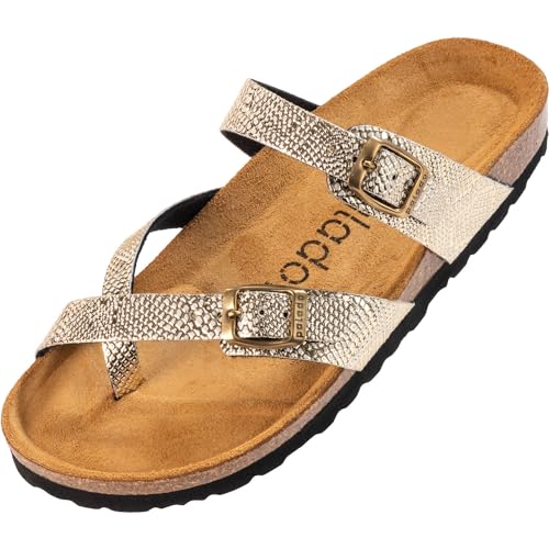 Palado Damen Pantoletten Cres Metallic - Sandalen mit Riemen - Hausschuhe mit Natur Kork-Fussbett - Schuhe mit Sohle aus feinstem Velourleder Pyth Gold UK3,5 - EU36 von Palado