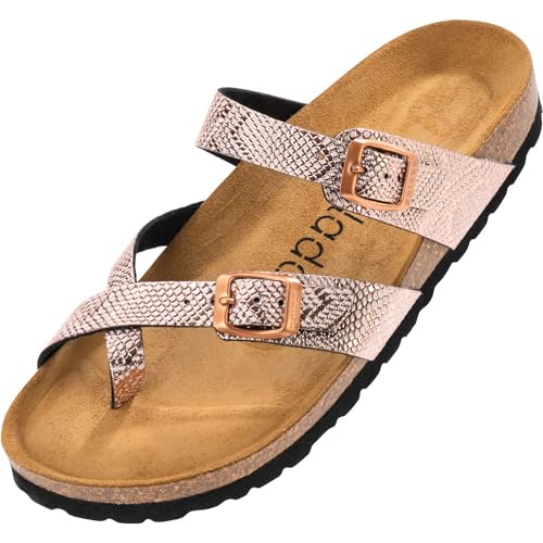 Palado Damen Pantoletten Cres Metallic - Sandalen mit Riemen - Hausschuhe mit Natur Kork-Fussbett - Schuhe mit Sohle aus feinstem Velourleder Pyth Rose UK4,5 - EU37 von Palado