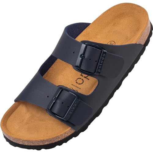 Palado Damen Pantoletten Korfu - Modische Sandalen mit 2 verstellbaren Riemen - Herren Hausschuhe mit Sohle aus feinstem Veloursleder und Natur Kork-Fussbett Basic Matt Blau 42 EU von Palado