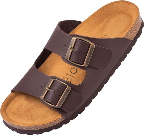 Palado Damen Pantoletten Korfu - Modische Sandalen mit 2 verstellbaren Riemen - Herren Hausschuhe mit Sohle aus feinstem Veloursleder und Natur Kork-Fussbett Basic Matt Braun 45 EU von Palado