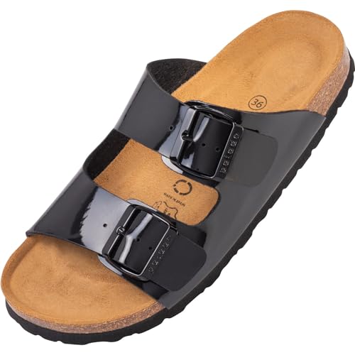 Palado Damen Pantoletten Korfu - Modische Sandalen mit 2 verstellbaren Riemen - Herren Hausschuhe mit Sohle aus feinstem Veloursleder und Natur Kork-Fussbett Basic Lack Schwarz 36 EU von Palado