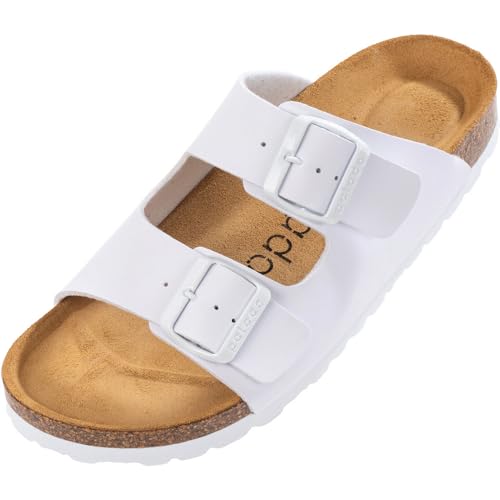 Palado Damen Pantoletten Korfu - Modische Sandalen mit 2 verstellbaren Riemen - Herren Hausschuhe mit Sohle aus feinstem Veloursleder und Natur Kork-Fussbett Basic Matt Weiß/Weiß 37 EU von Palado